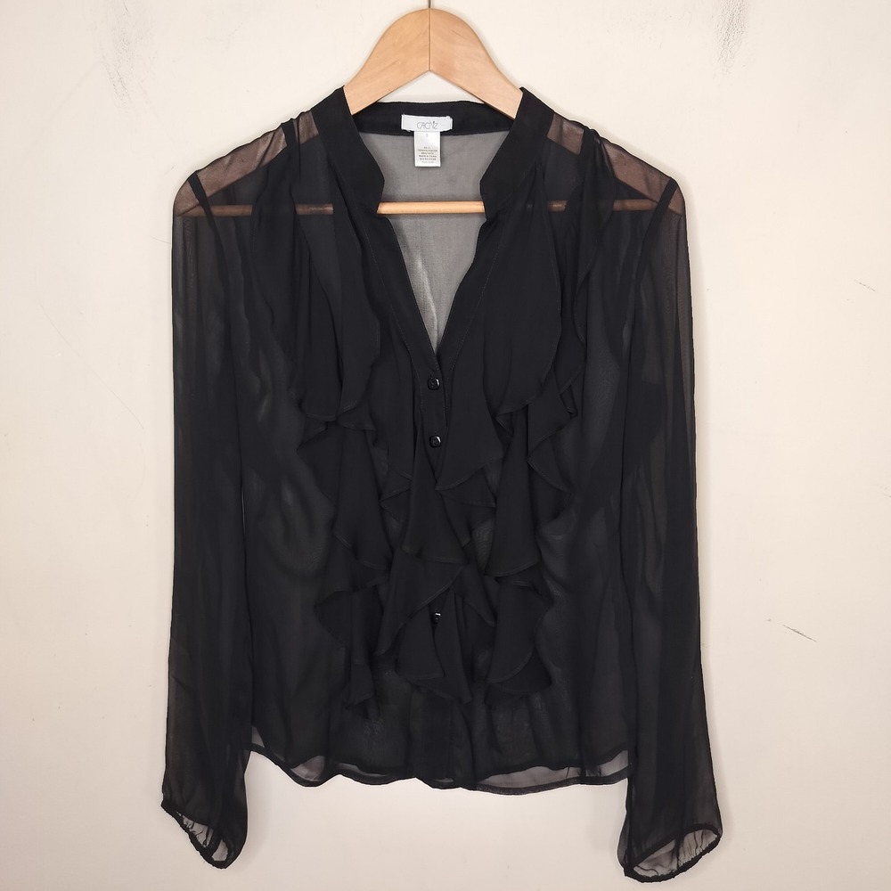 Cache Sheer Black Ruffled Top Button Up Dark Romance Gothic Goth